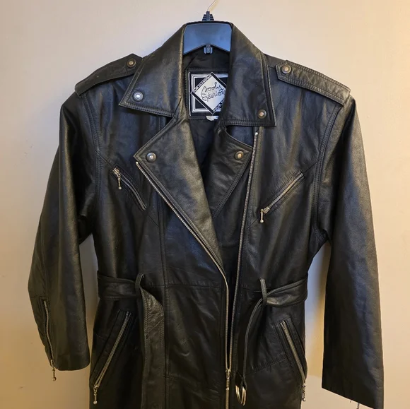 Vintage Korea Long Black Leather Trench Coat Bikers Belted Zippers Punk Medium - Picture 3 of 14